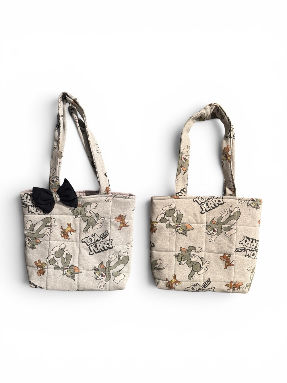 Handmade Tom and Jerry Beige Quilted Tote Bag with Bow